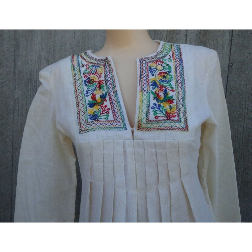 NOS Vtg Cream Embroidered Hippie Wedding Boho Gauze Dress sz 7 Union Made